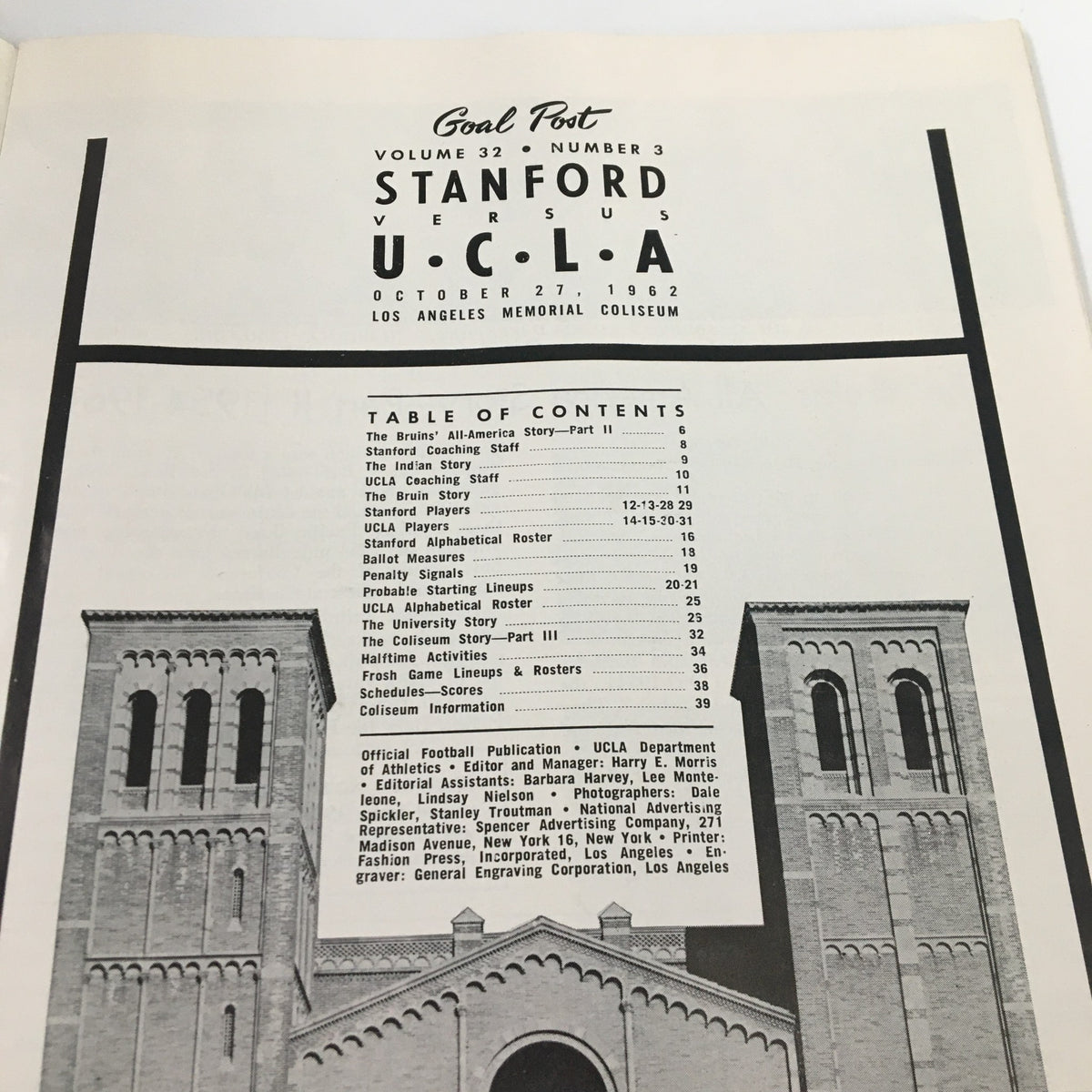 Table of contents page from the October 27 1962 NCAA Football Stanford vs UCLA Official Program including various sections related to the game.