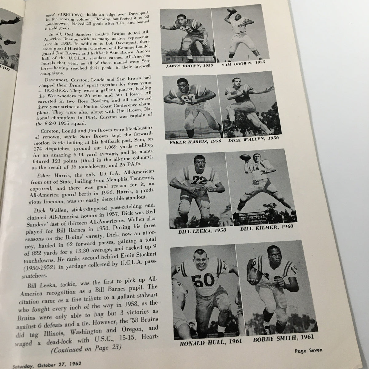 Profile page of UCLA football players from the October 27 1962 NCAA Football Stanford vs UCLA Official Program showcasing All-America honorees.