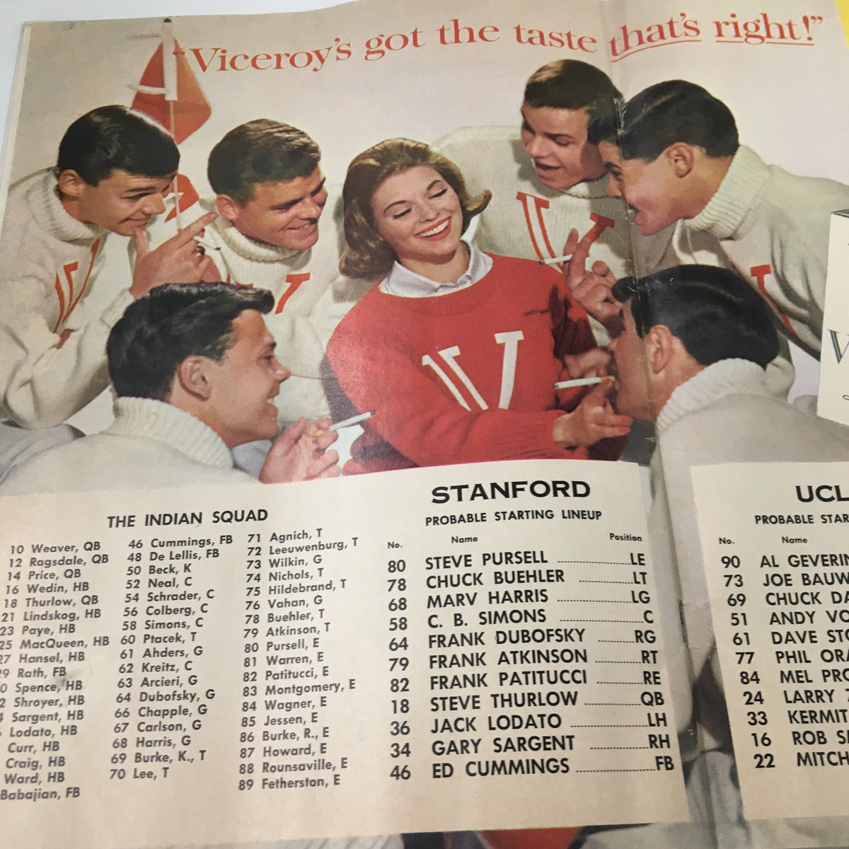 October 27 1962 NCAA Football Stanford vs UCLA Official Program page highlighting Stanford Indian Squad's lineup and player photographs.