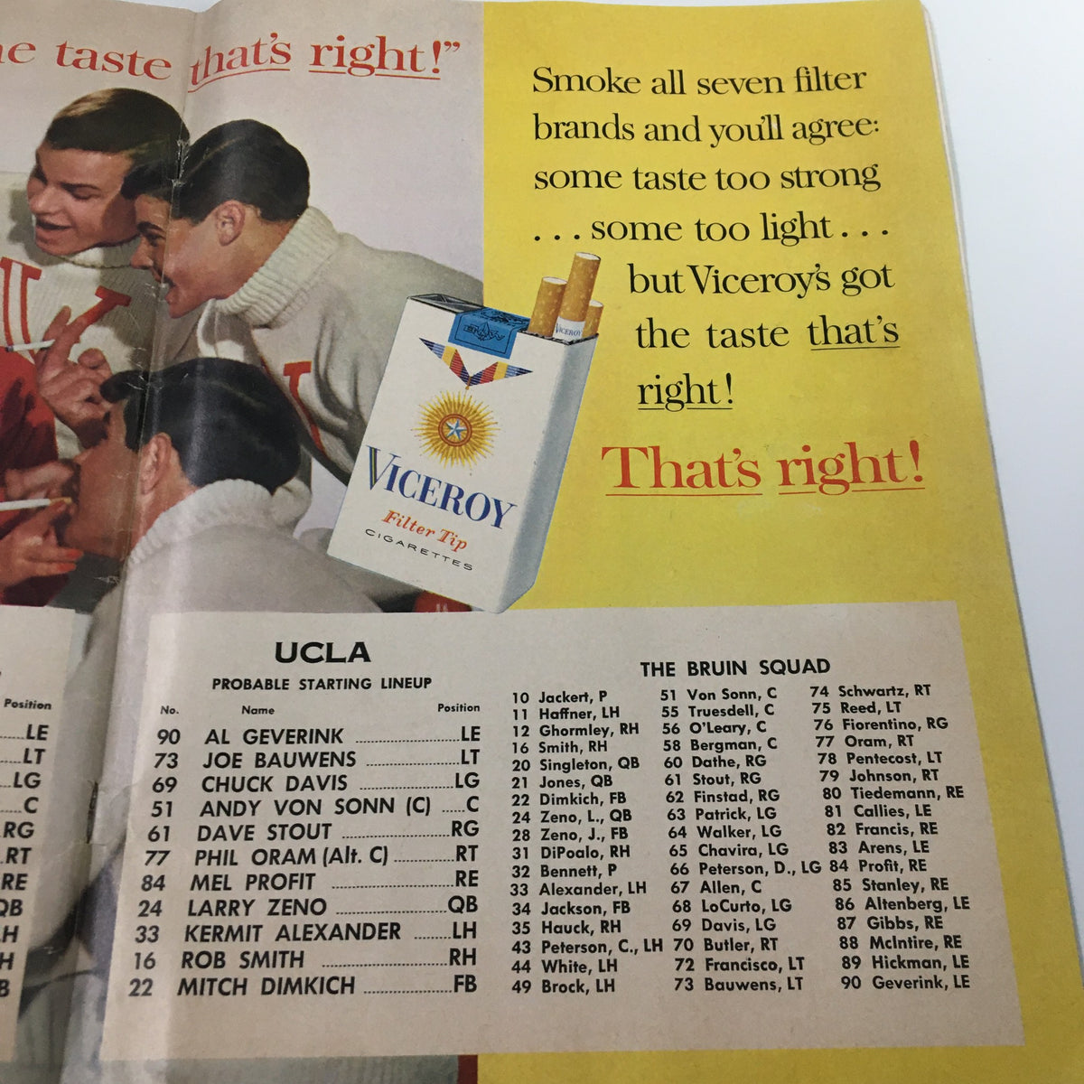 October 27 1962 NCAA Football Stanford vs UCLA Official Program featuring Viceroy advertisement alongside UCLA starting lineup.