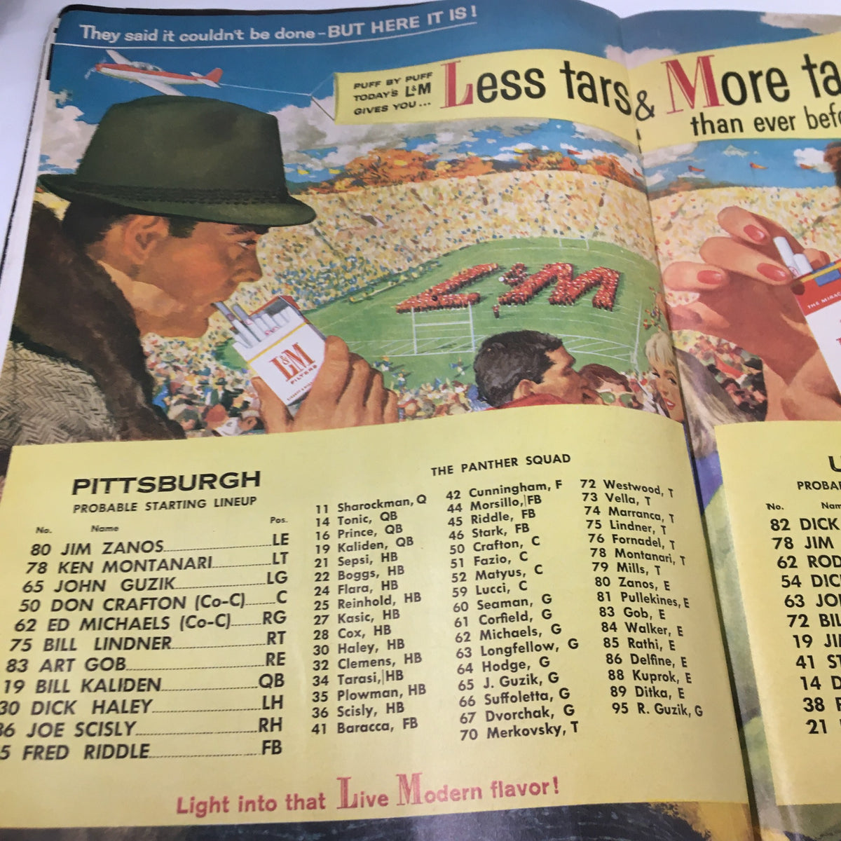 Page from the September 20, 1958 NCAA Football Pittsburgh vs UCLA The Goal Post Program showcasing the Pittsburgh Panthers' starting lineup and fans in the background.