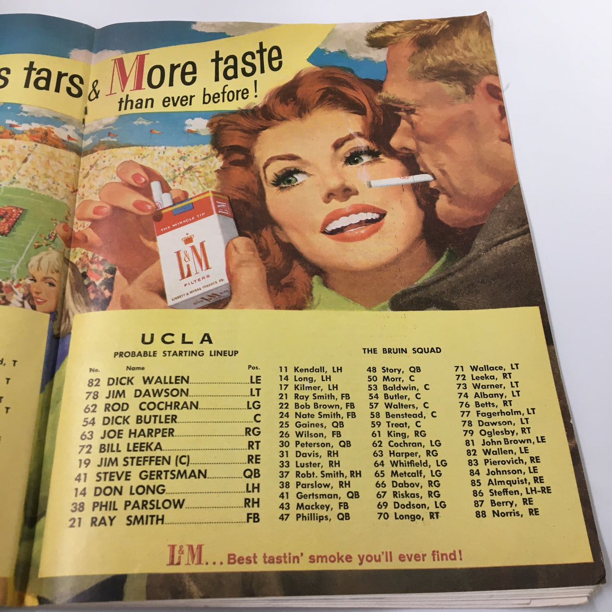 Page from the September 20, 1958 NCAA Football Pittsburgh vs UCLA The Goal Post Program displaying the UCLA Bruins' starting lineup and a vintage advertisement.