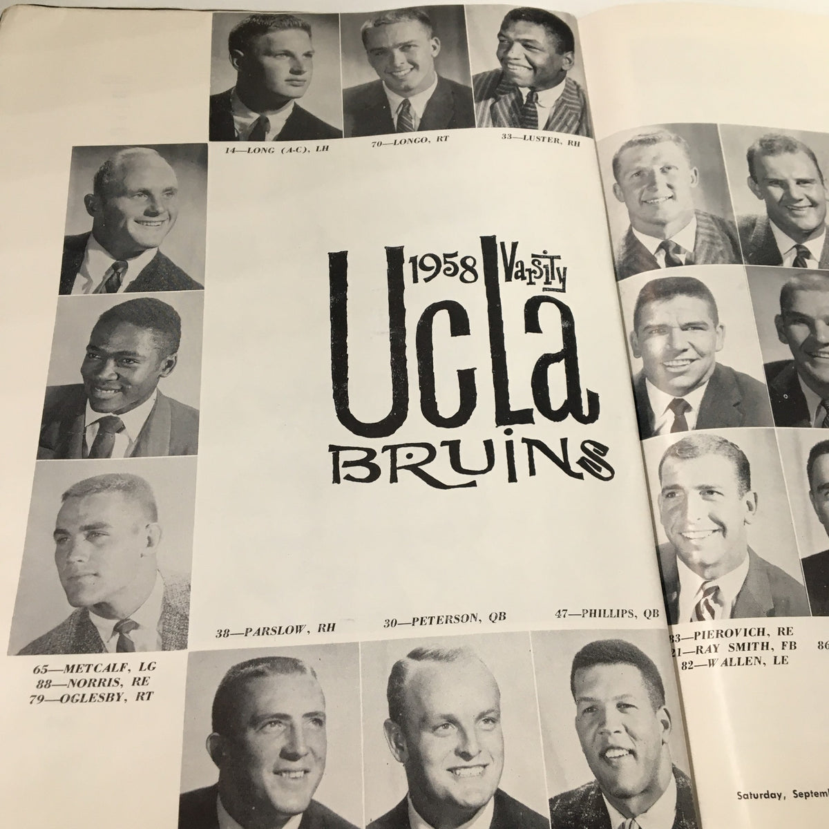 Photographic page of the UCLA Bruins football players from the September 20, 1958 NCAA Football The Goal Post Program.