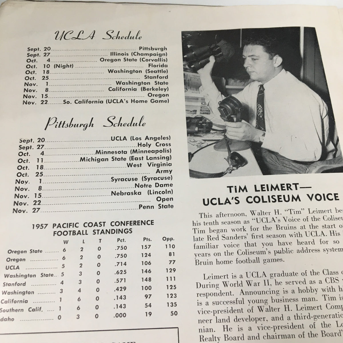 UCLA and Pittsburgh football schedule details from the September 20 1958 NCAA Football Pittsburgh vs UCLA The Goal Post Program.