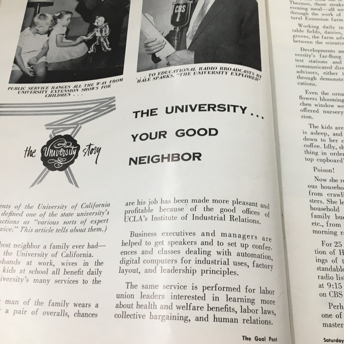 Another interior page of the October 19, 1957 NCAA Football Program featuring an article about UCLA and the university's relation to the local community, enhancing the historical context of the match.
