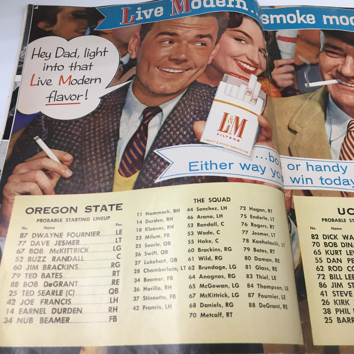Oregon State player roster and advertisement for L&M cigarettes in the October 19, 1957 NCAA Football Program - Oregon State vs UCLA.