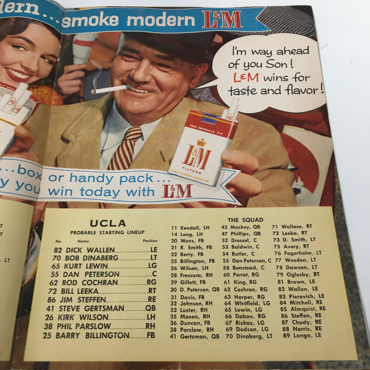 UCLA probable starting lineup alongside an advertisement for L&M cigarettes in the October 19, 1957 NCAA Football Program - Oregon State vs UCLA.