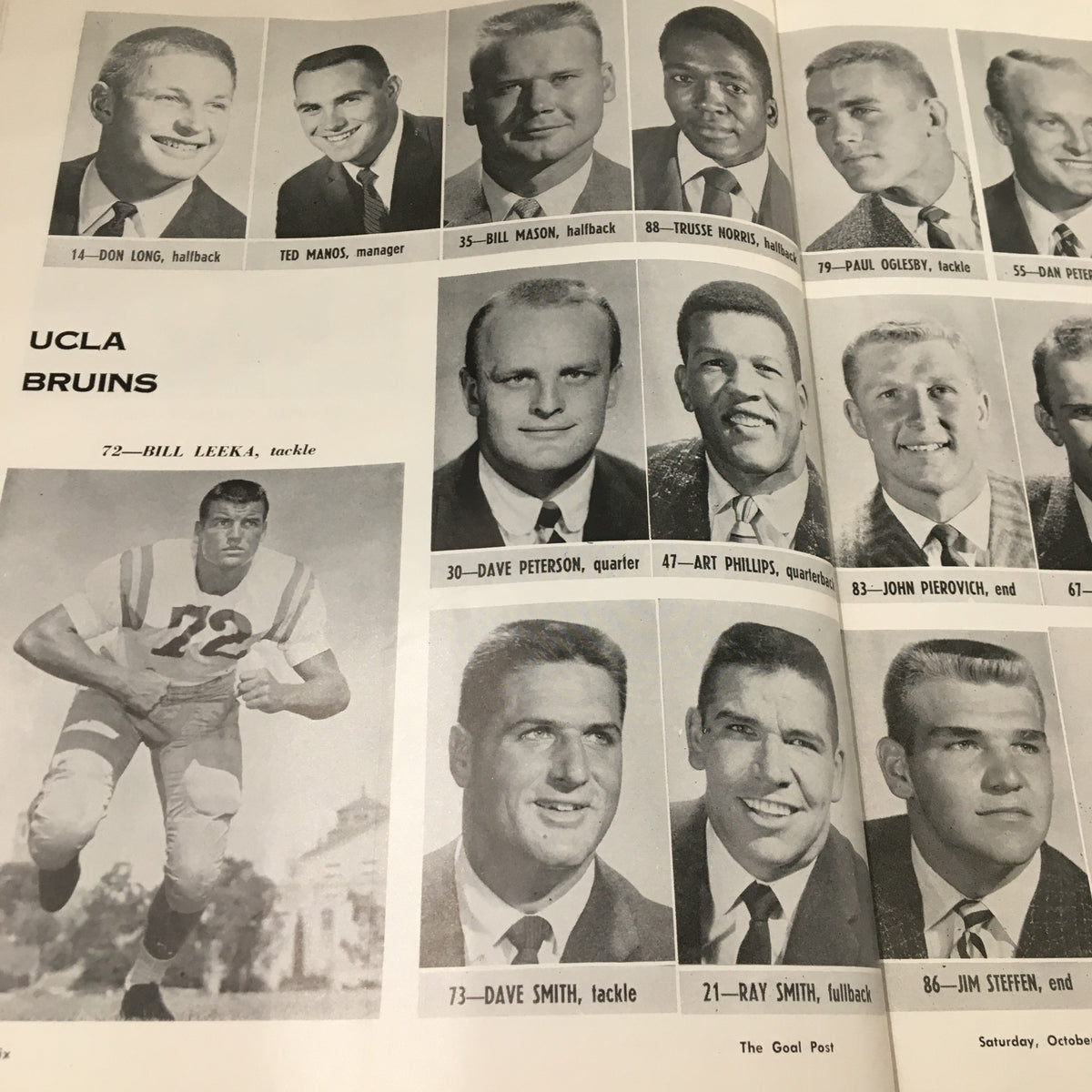 October 19, 1957 NCAA Football Program - Oregon State vs UCLA featuring player portraits of the UCLA Bruins team including Bill Leek, Dave Smith, and others.