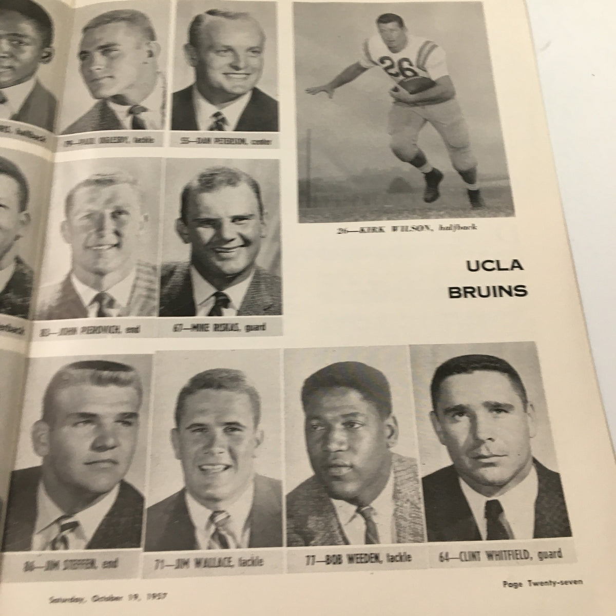 October 19, 1957 NCAA Football Program - Oregon State vs UCLA showcasing a page with player portraits of the UCLA Bruins including Kirk Wilson and Jim Fisher.