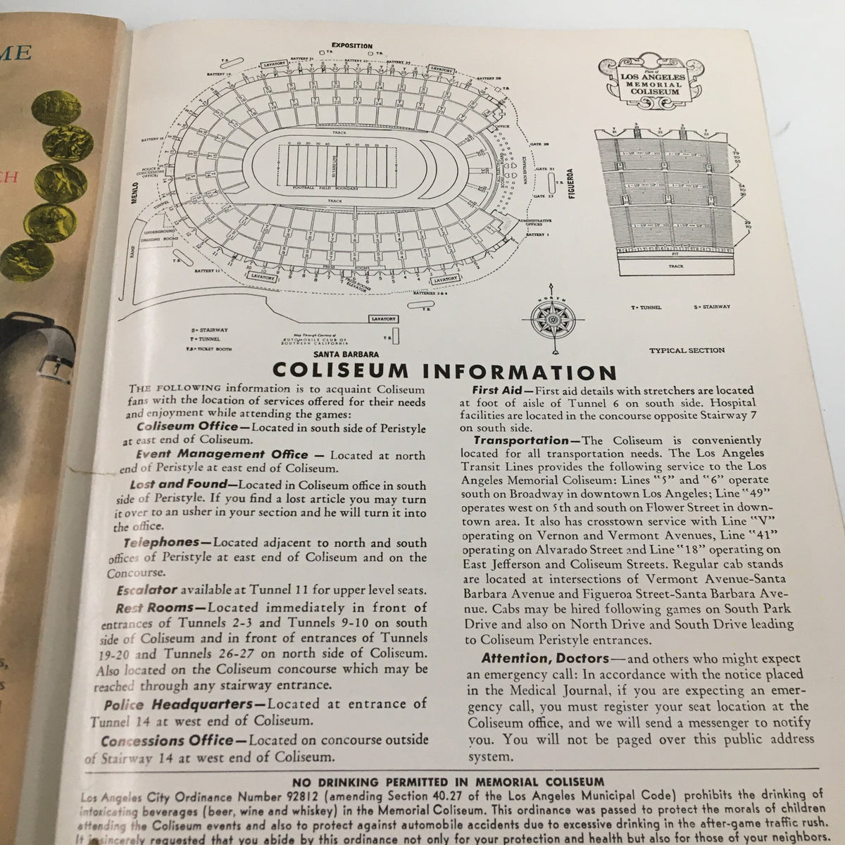 October 19, 1957 NCAA Football Program - Oregon State vs UCLA presenting Coliseum information with a layout of the stadium and important notes for attendees.