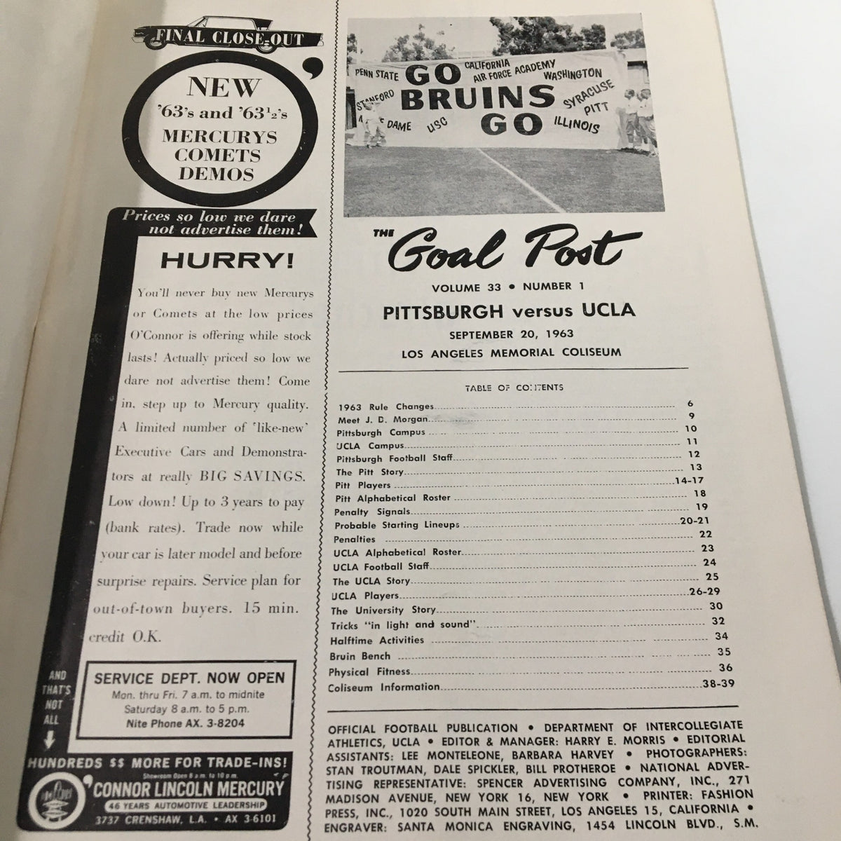 Inside page of the September 20 1963 NCAA Football program for Pitt vs UCLA, detailing the contents and advertisement, part of "The Goal Post" edition.