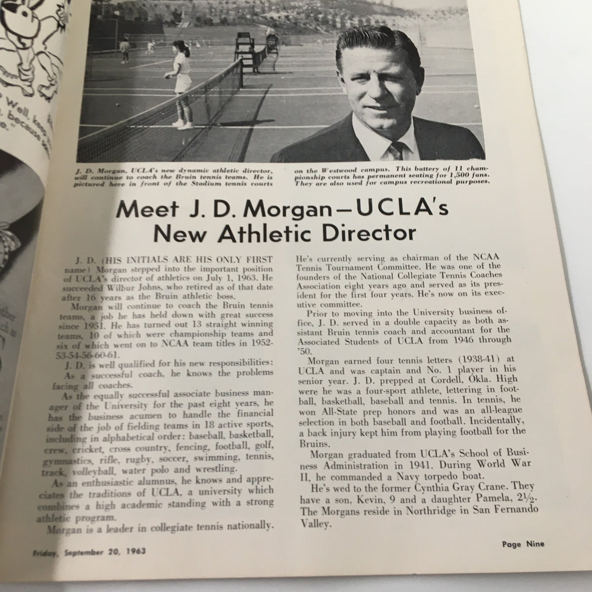 Feature page introducing J.D. Morgan, UCLA's Athletic Director, from the September 20 1963 NCAA Football program between Pitt and UCLA, part of "The Goal Post".