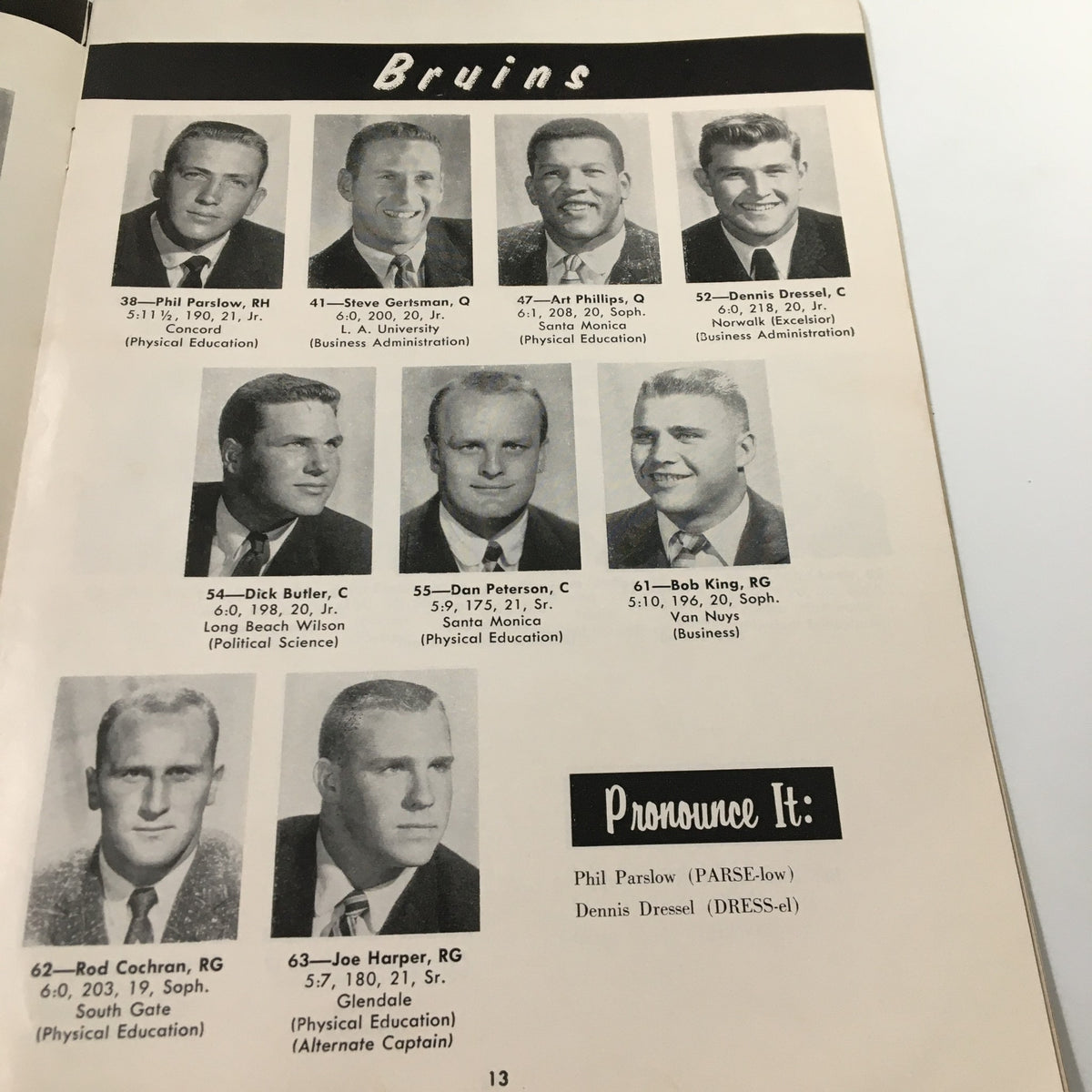 Group of UCLA Bruins football players, featuring Phil Parslow and Steve Gentry, showcased in the November 23 1957 NCAA Football SC Trojans vs UCLA Bruins Pigskin Review. This image highlights notable players from a historic game.