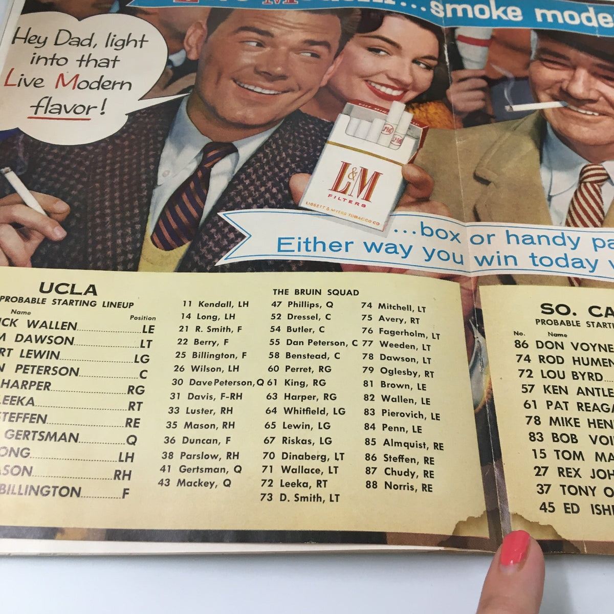 November 23 1957 NCAA Football SC Trojans vs UCLA Bruins Pigskin Review with a split image of two men sharing a moment, includes vintage cigarette advertisement and UCLA's starting lineup details.