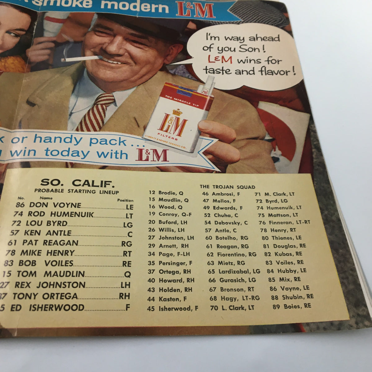 November 23 1957 NCAA Football SC Trojans vs UCLA Bruins Pigskin Review displaying a vintage advertisement for cigarettes alongside the USC starting lineup, capturing the sports era.