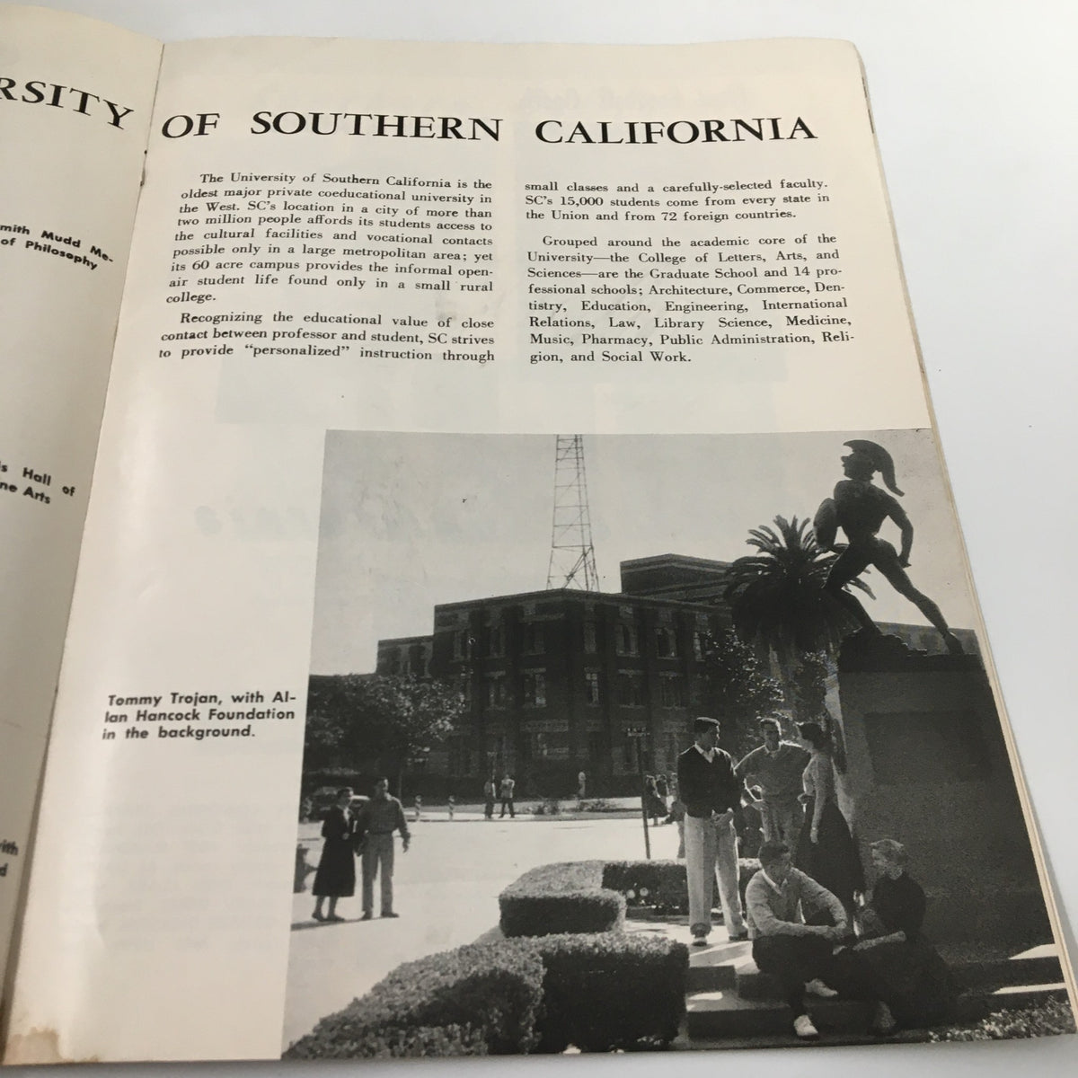 November 23 1957 NCAA Football SC Trojans vs UCLA Bruins Pigskin Review featuring a photograph and information about the University of Southern California campus and history.