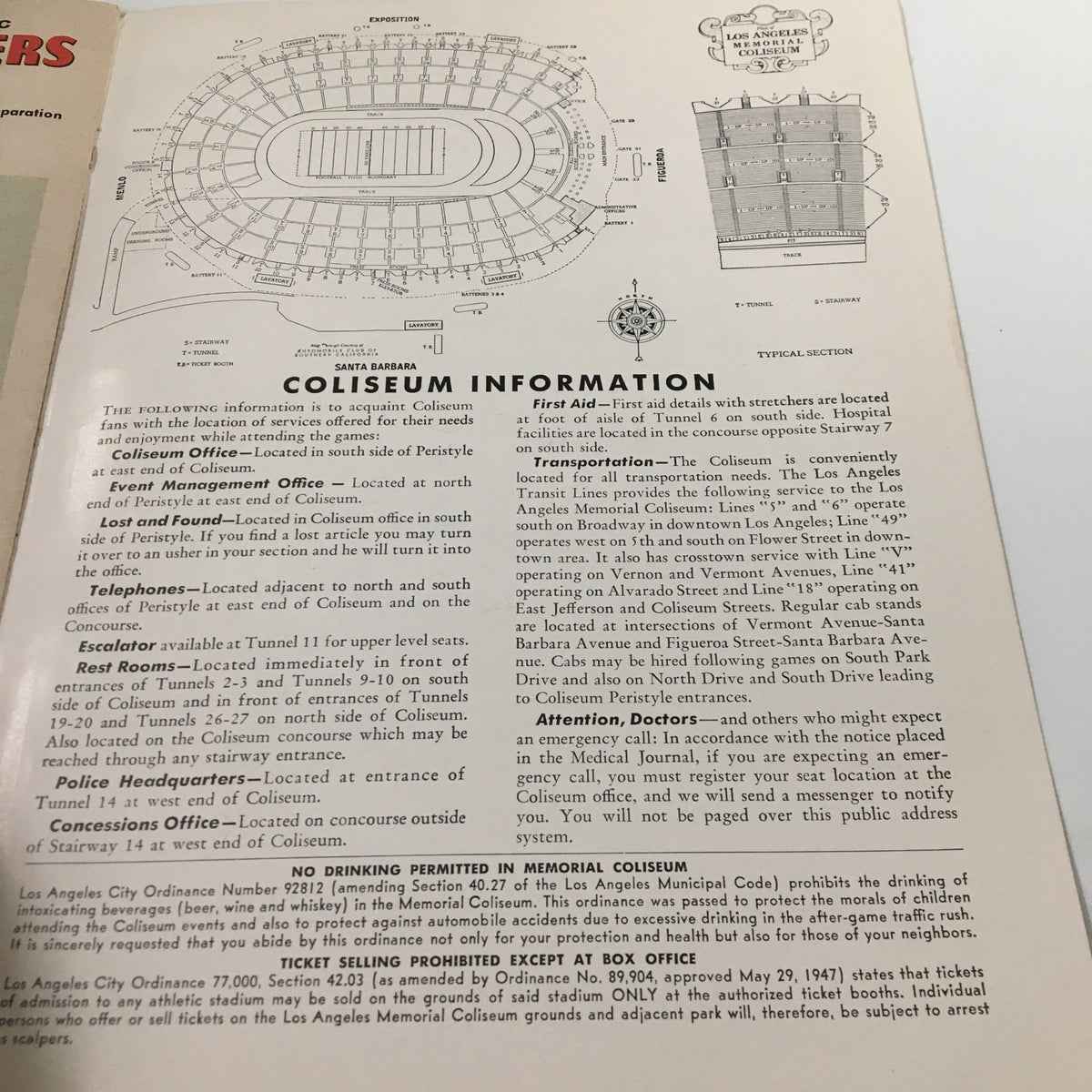 Information page about the Los Angeles Memorial Coliseum from the November 23 1957 NCAA Football SC Trojans vs UCLA Bruins Pigskin Review, detailing facilities and regulations.