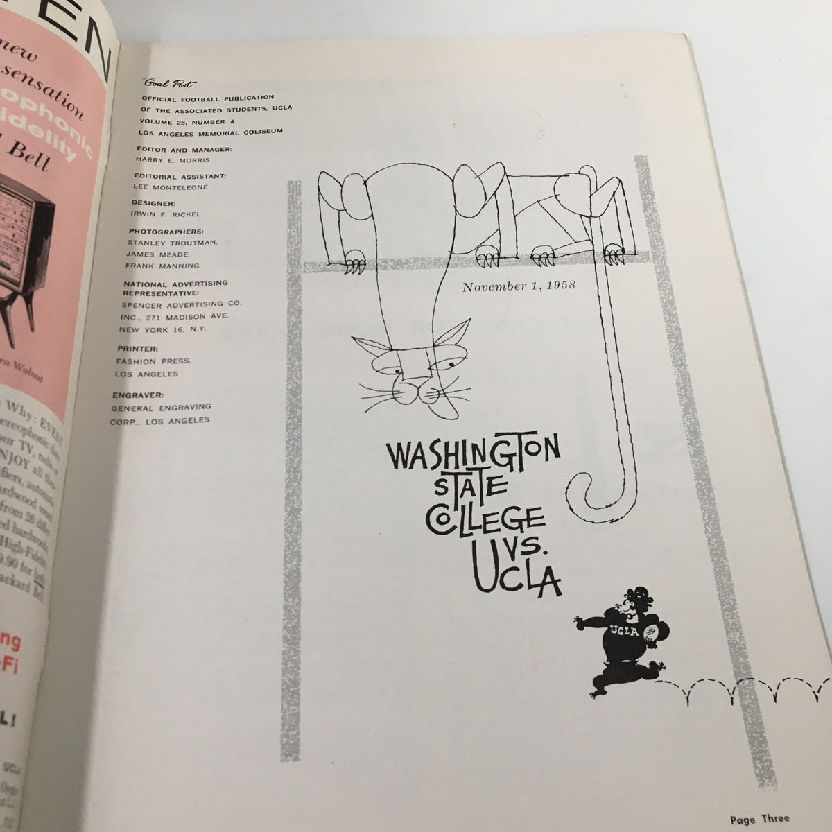 Inside page of 'The Goal Post' November 1, 1958 NCAA Football, showing information about Washington State College vs UCLA and a cartoon illustration of a cat.