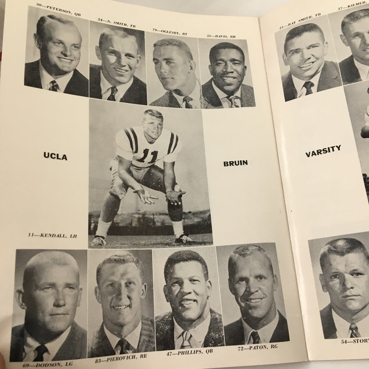 A page from the November 1 1958 NCAA Football Washington State College vs UCLA The Goal Post magazine displaying black and white images of UCLA Bruins players, including Kendall and Dodson, along with their positions listed.