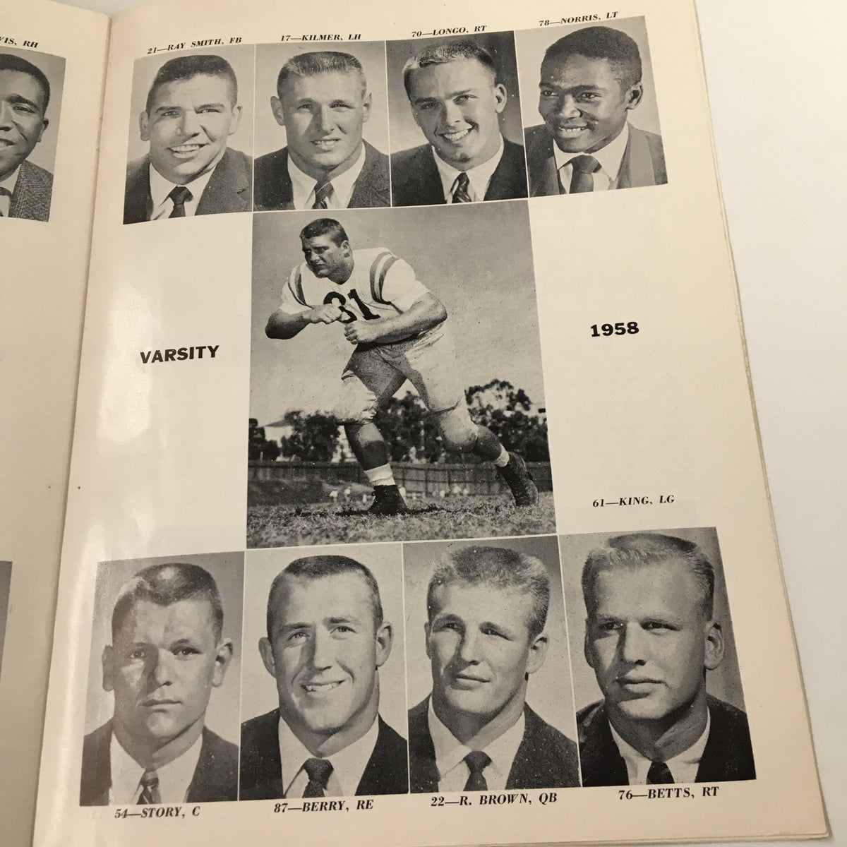 A page from the November 1 1958 NCAA Football Washington State College vs UCLA The Goal Post magazine illustrating black and white photos of football players, including Ray Smith, King, and Story along with their positions.