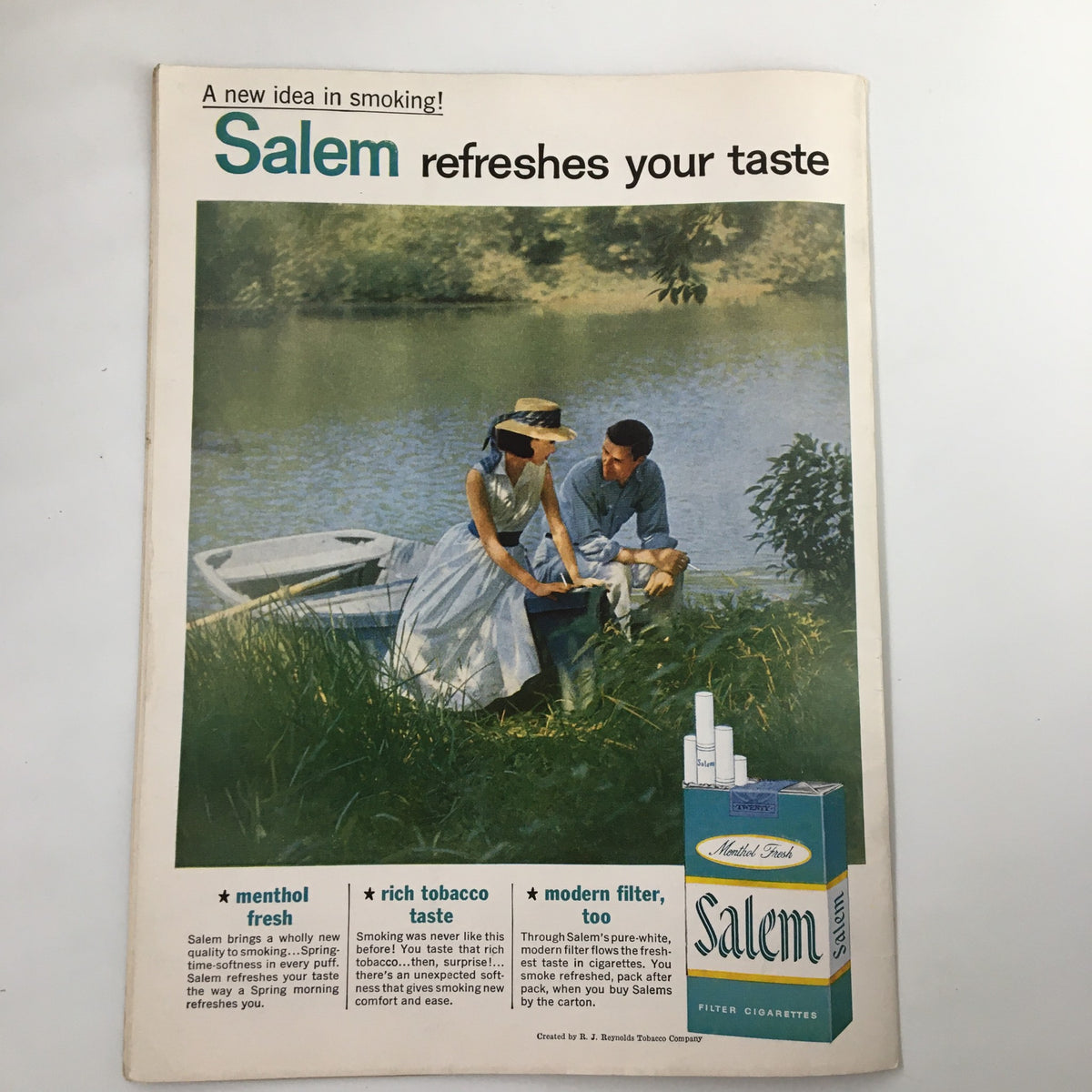An advertisement from the November 1 1958 NCAA Football Washington State College vs UCLA The Goal Post magazine for Salem cigarettes, featuring a scenic image of a couple by a lake along with product details.