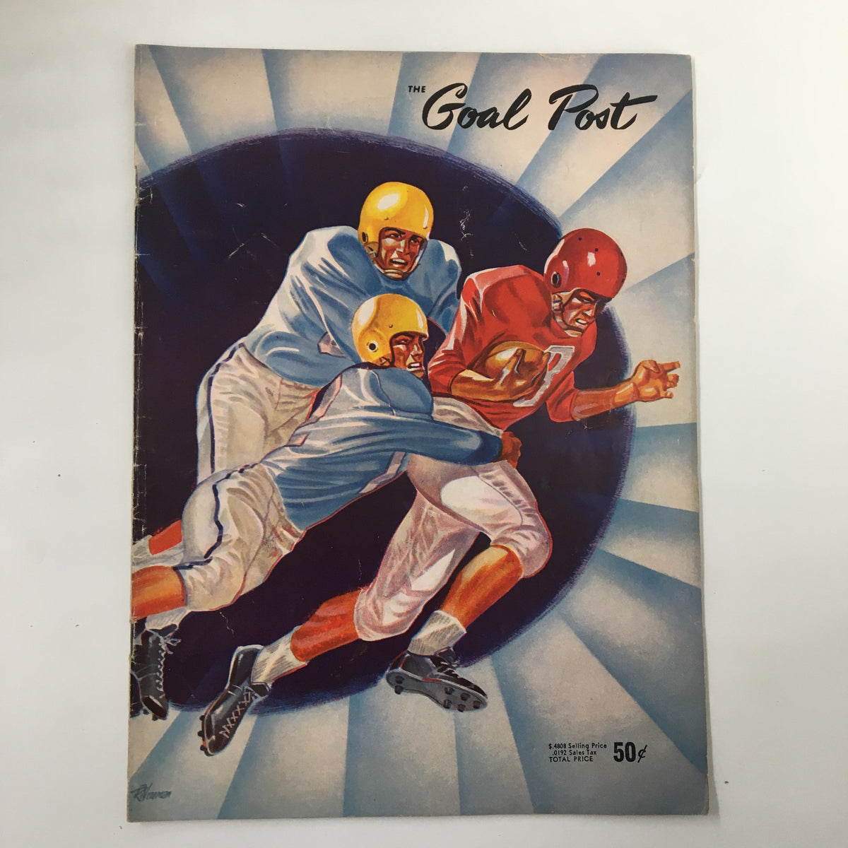 October 12 1957 NCAA Football UCLA Bruins Story The Goal Post Official Program cover depicting three football players in action, featuring vibrant colors and vintage design.