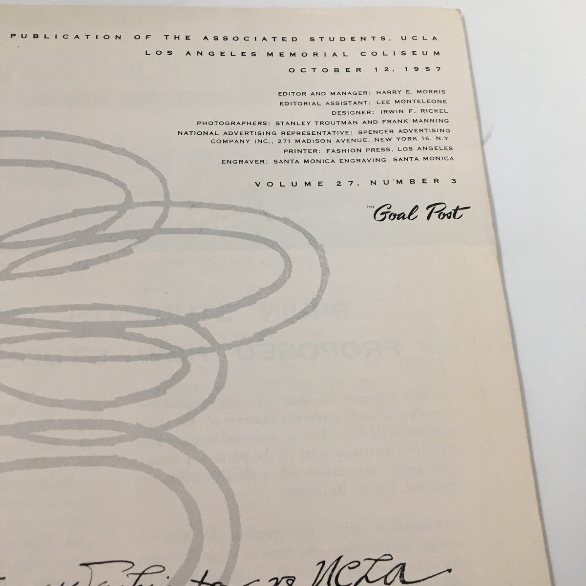 Publication details of the October 12 1957 NCAA Football UCLA Bruins Official Program, indicating the editor, contributors, and the date of the program.