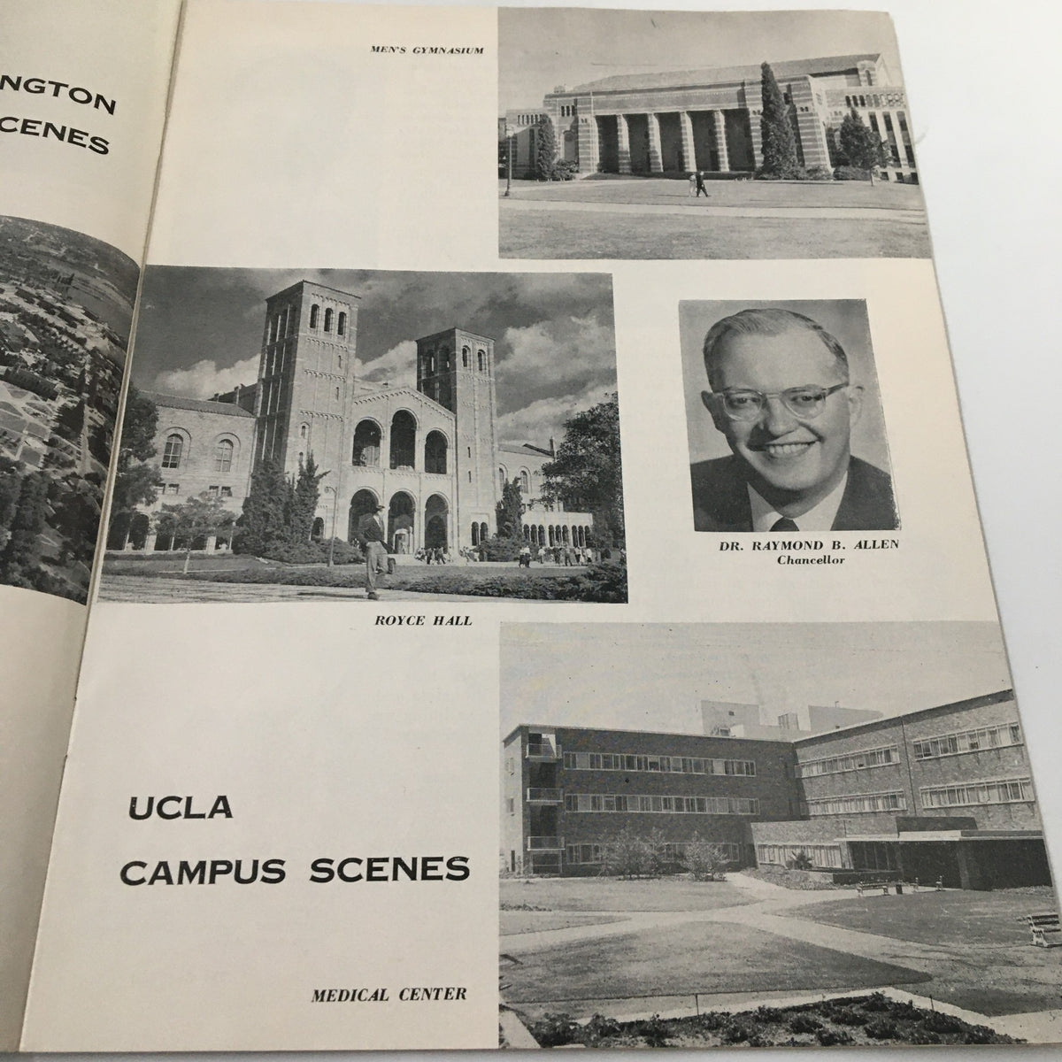 Images of UCLA campus scenes featured in the October 12 1957 NCAA Football UCLA Bruins Official Program, showcasing buildings like Royce Hall and the Medical Center.