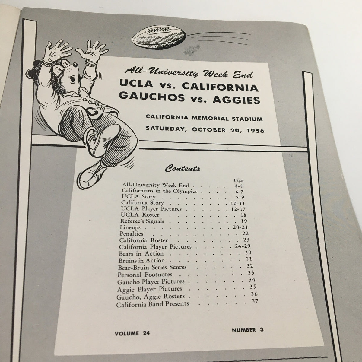 Contents page of the October 20, 1956 NCAA Football booklet for the match UCLA vs California, detailing sections and features.