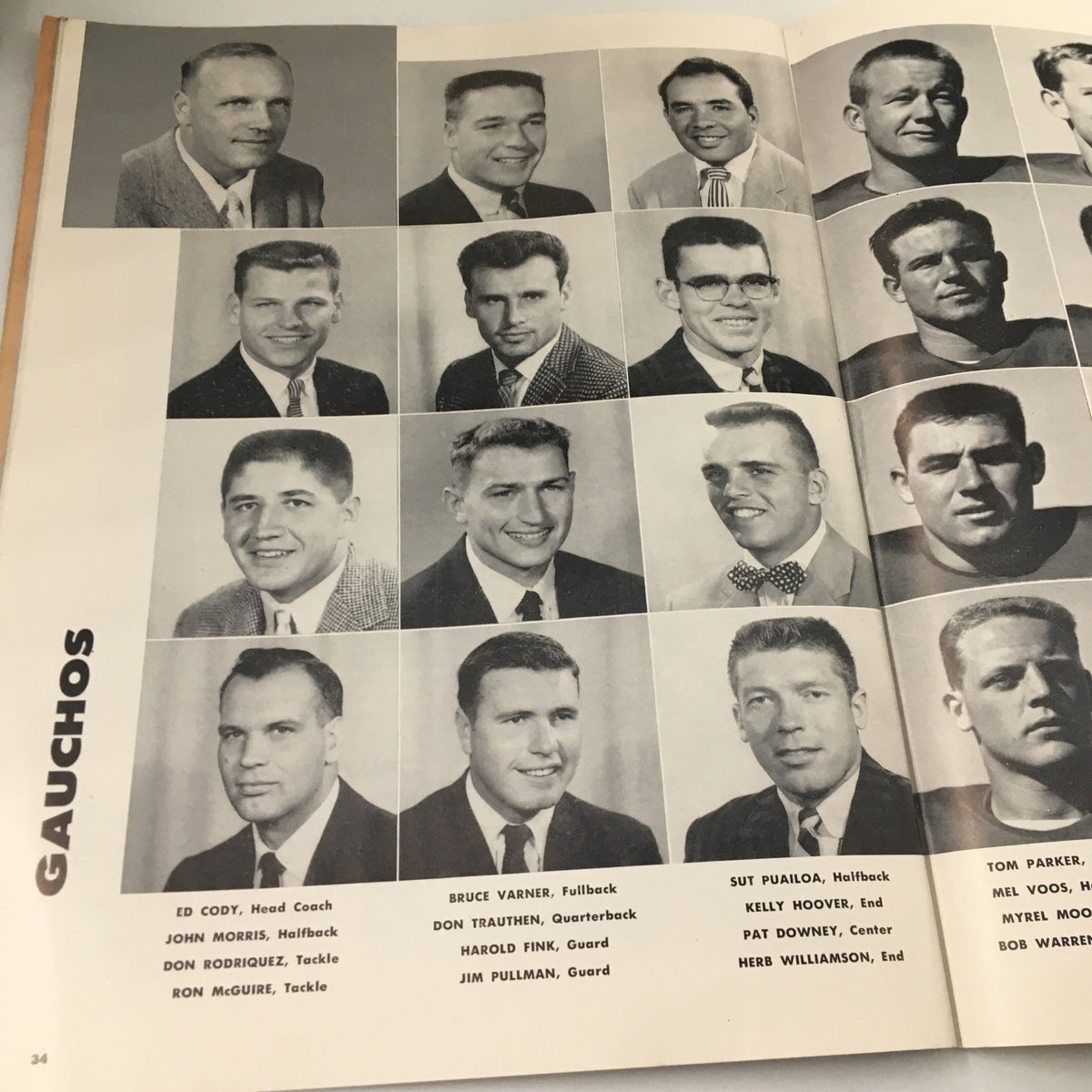 Black and white photograph of the Gauchos team roster from October 20 1956 NCAA Football UCLA vs California, highlighting key players and coaches from the historic matchup.