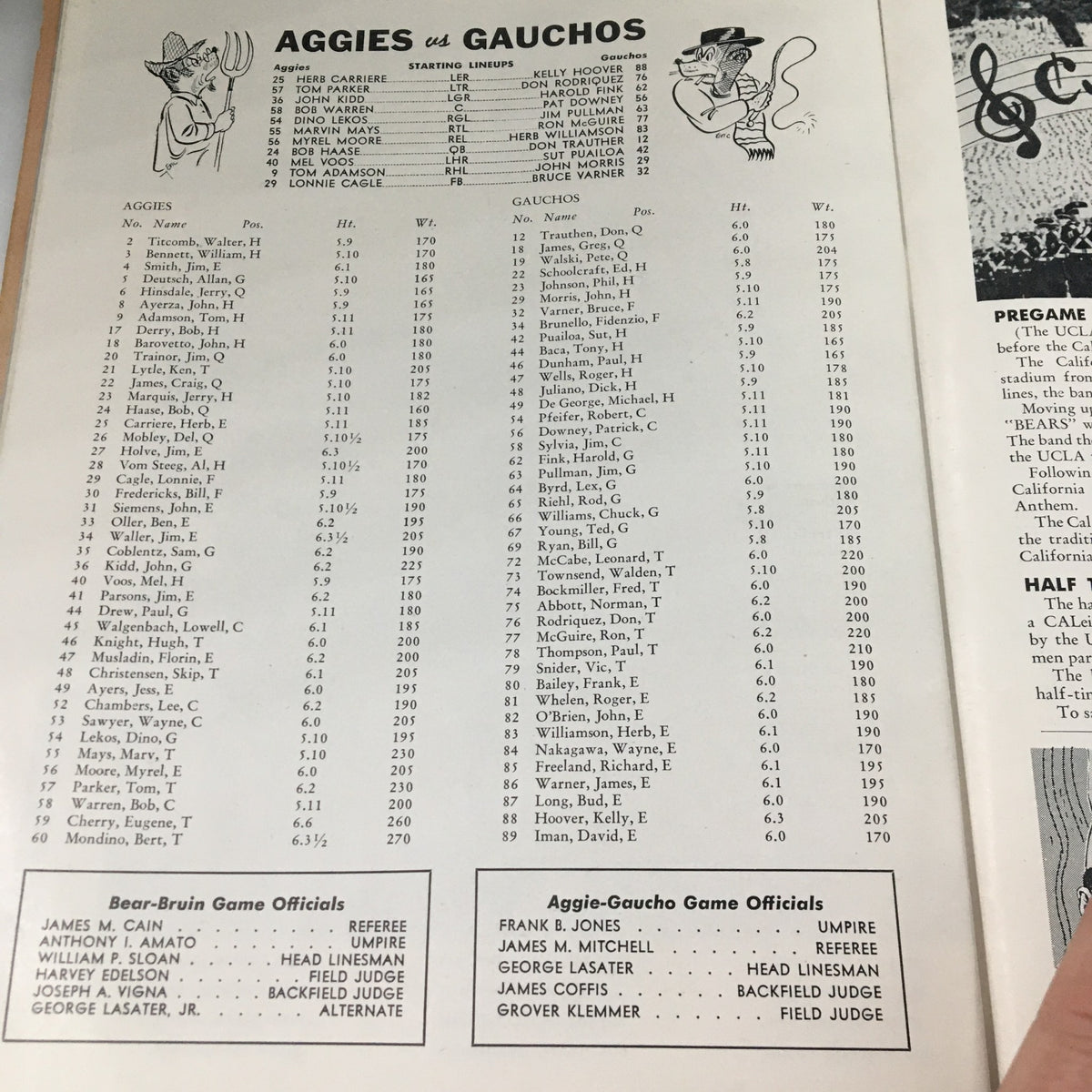 Roster page detailing Aggies vs Gauchos game officials from October 20 1956 NCAA Football UCLA vs California, providing a glimpse into the officiating of 'The California Gridiron'.