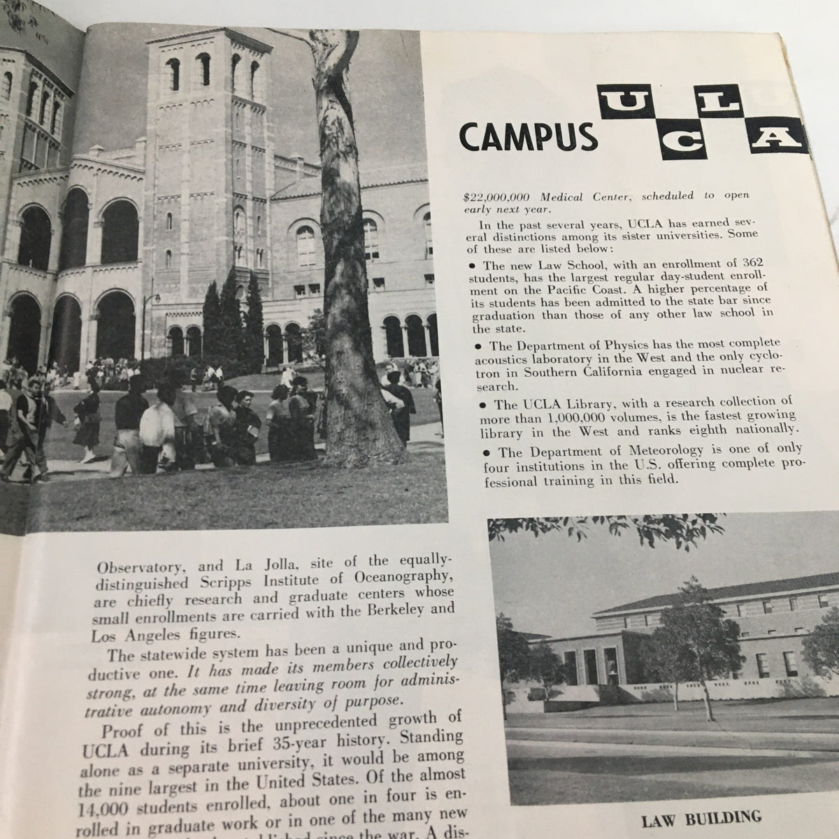 Page from the November 20, 1954 NCAA Football USC vs UCLA program showcasing UCLA campus details and educational highlights.