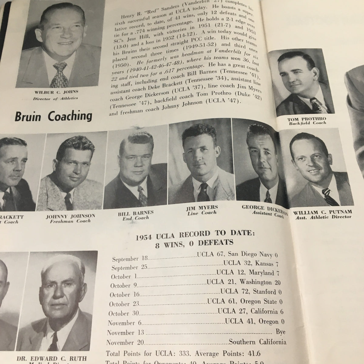 November 20, 1954 NCAA Football USC vs UCLA Official Program featuring UCLA coaching staff, including Wilbur C. Johns and others.