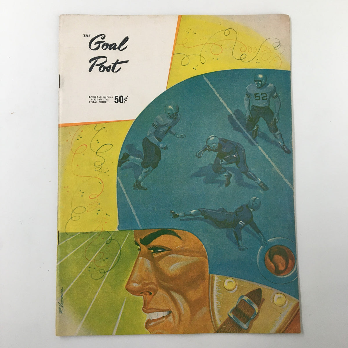 Cover of November 6 1954 NCAA Football Oregon vs UCLA The Goal Post Official Program featuring colorful illustrations of football players and a prominent helmet design.