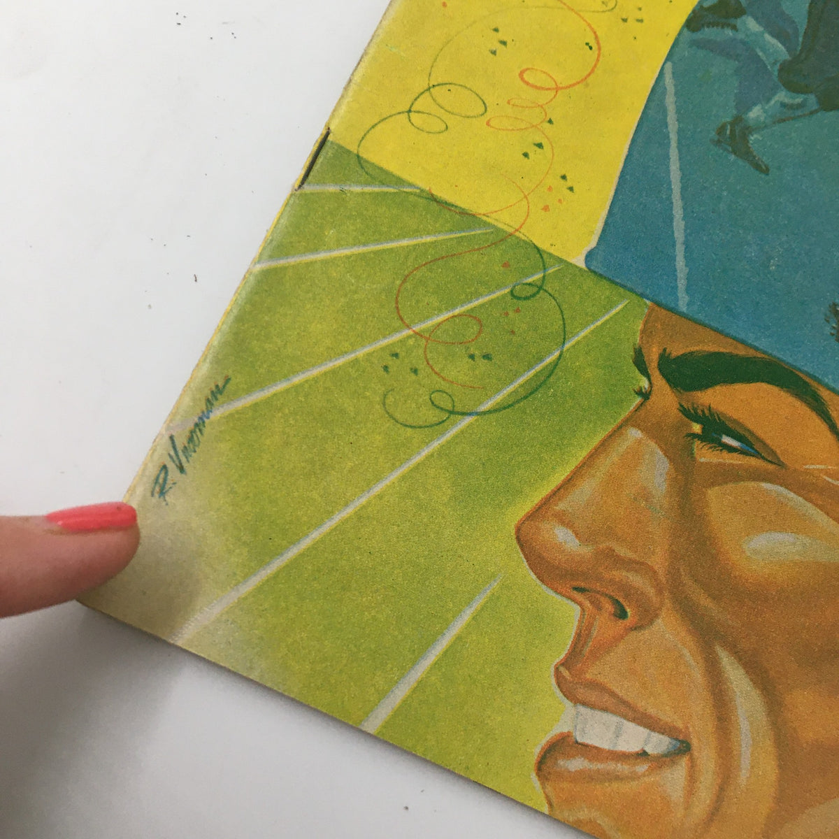 Close-up of the signature on the cover of the November 6 1954 NCAA Football Oregon vs UCLA The Goal Post Official Program, showcasing the detailed artwork.