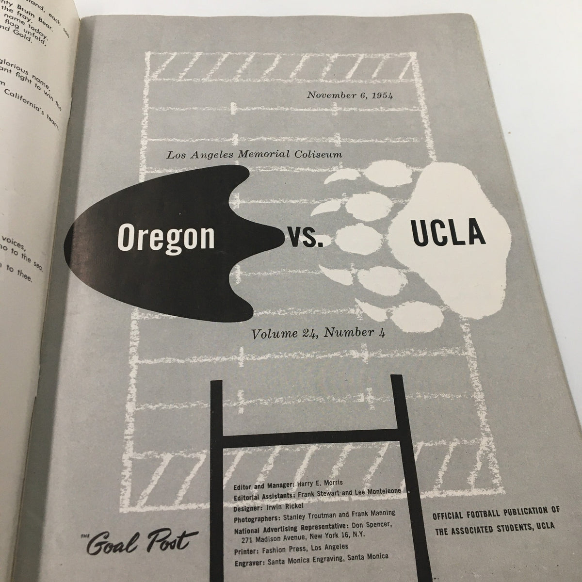 Interior page of the November 6 1954 NCAA Football Oregon vs UCLA The Goal Post Official Program detailing the matchup between Oregon and UCLA.