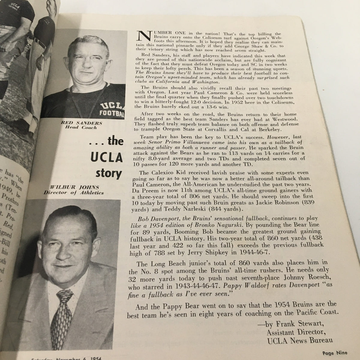 Another interior page of the November 6 1954 NCAA Football Oregon vs UCLA The Goal Post Official Program, featuring information about UCLA's football team and coaching staff.