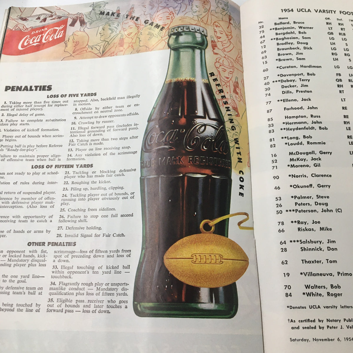 November 6 1954 NCAA Football Oregon vs UCLA The Goal Post Official Program showing Coca-Cola advertisement and penalties section.
