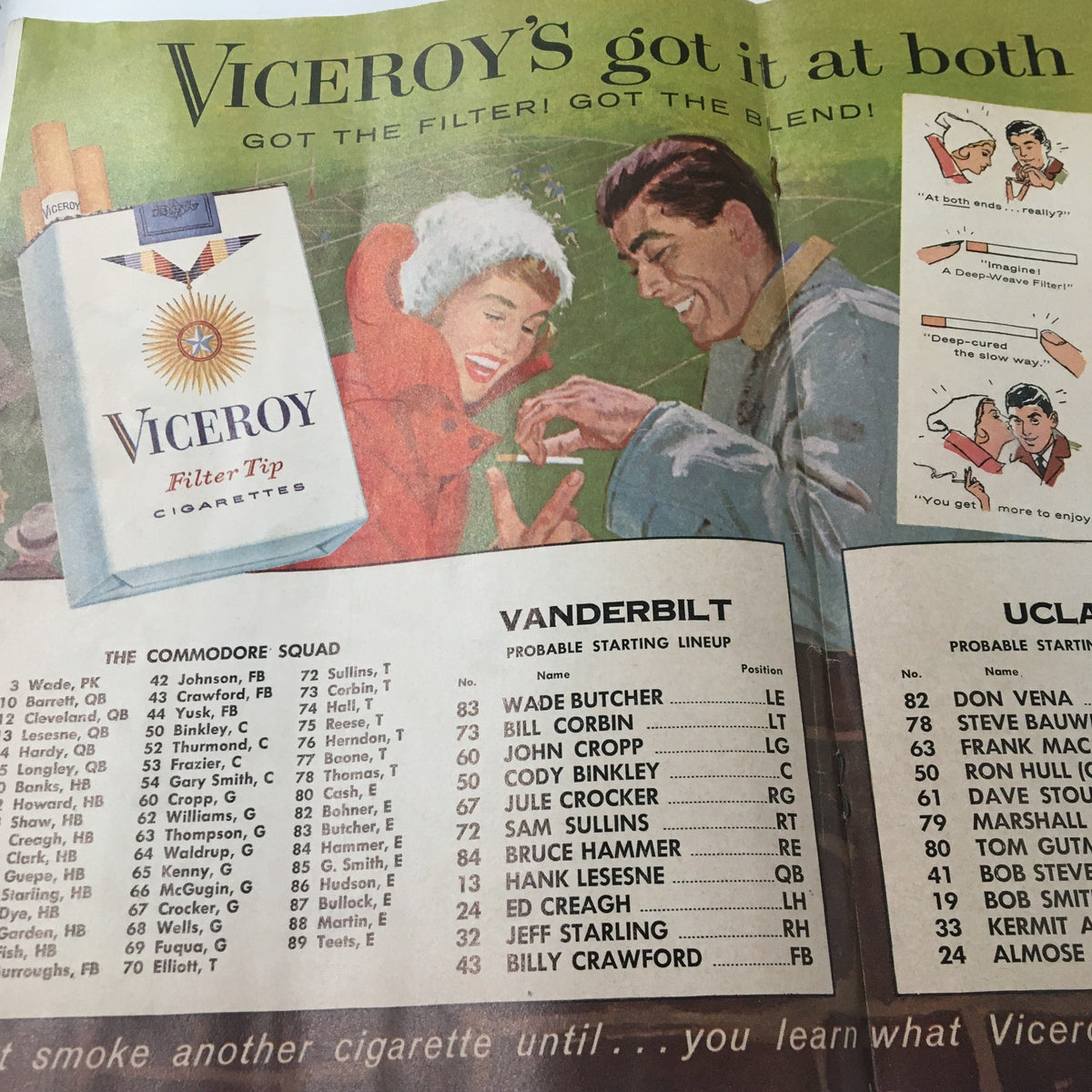 Inside page of the October 14 1961 NCAA Football Official Program displaying a Viceroy cigarette advertisement with players from the Vanderbilt team.