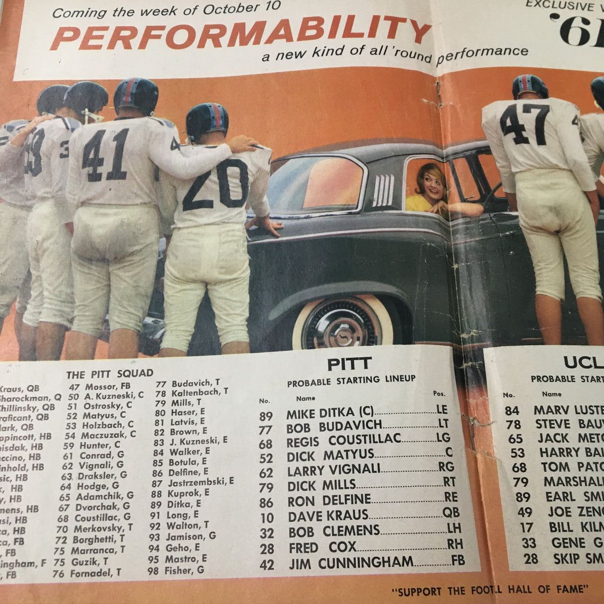 September 17 1960 NCAA Football Pittsburgh vs UCLA The Goal Post Program featuring the Pitt squad and starting lineup details.