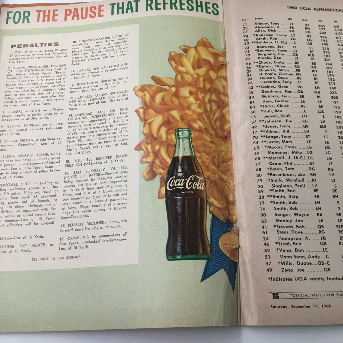 September 17 1960 NCAA Football Pittsburgh vs UCLA The Goal Post Program page with a Coca-Cola advertisement amidst game statistics.