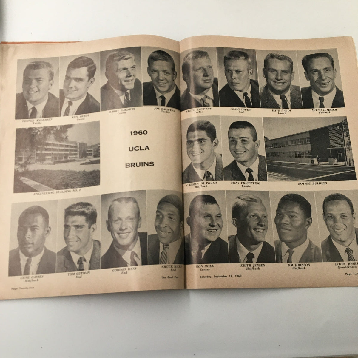 September 17 1960 NCAA Football Pittsburgh vs UCLA The Goal Post Program featuring photographs of the 1960 UCLA Bruins players.