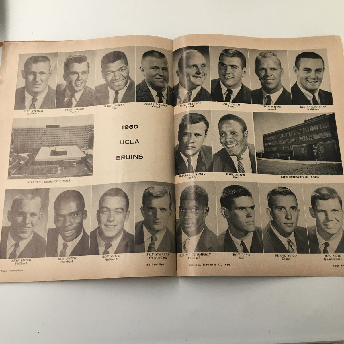 1960 UCLA Bruins roster page from the September 17, 1960 NCAA Football Pittsburgh vs UCLA The Goal Post Program, showcasing player photos and names.