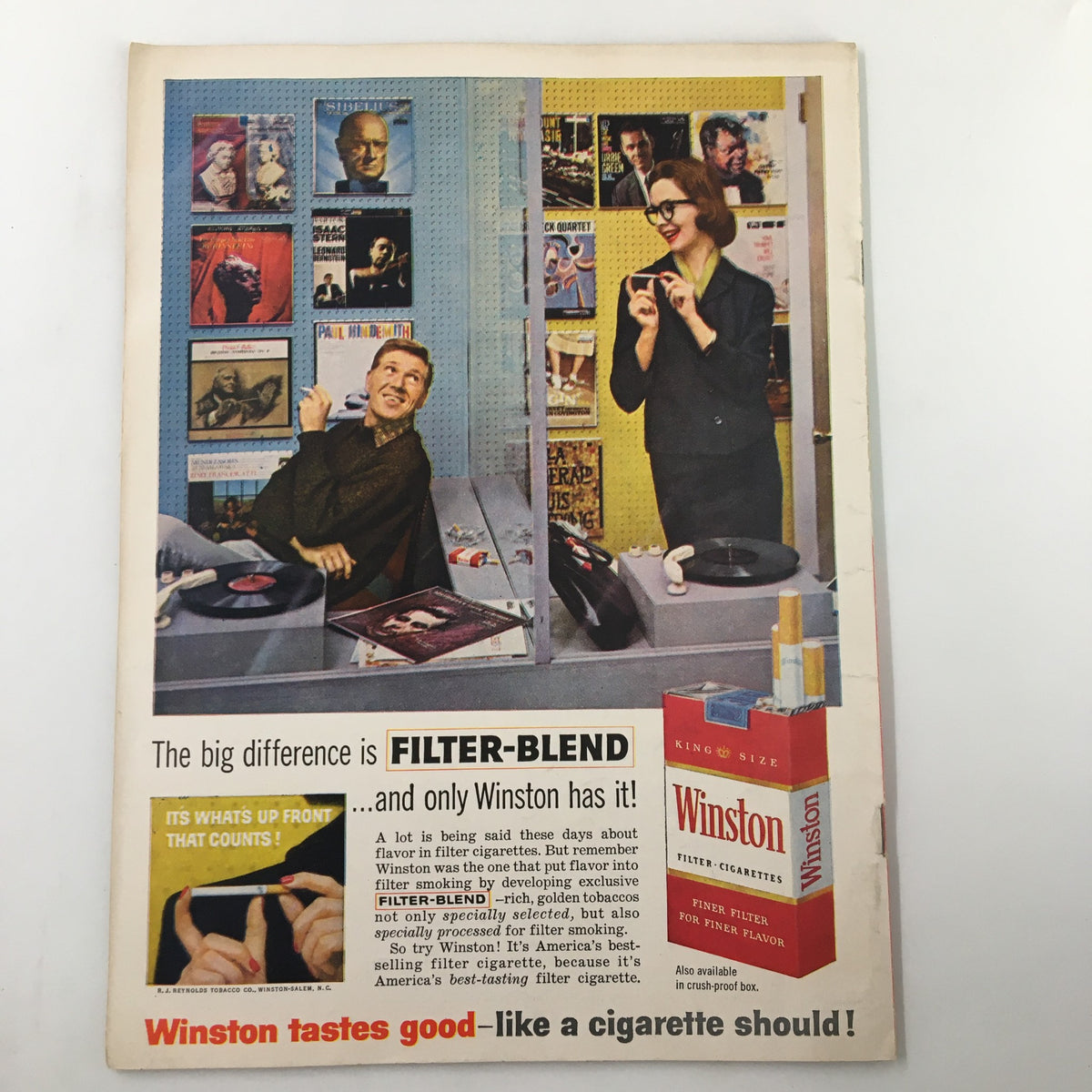 Vintage advertisement for Winston cigarettes featured in the September 17, 1960 NCAA Football Pittsburgh vs UCLA The Goal Post Program, highlighting the product's unique selling points.
