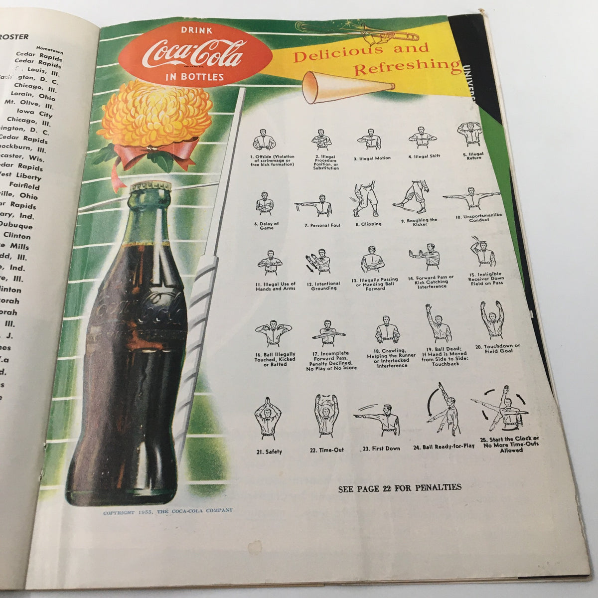 Another inside page of the September 9, 1955 NCAA Football Iowa vs UCLA program, showcasing a vintage Coca-Cola advertisement with illustrations of football signals.