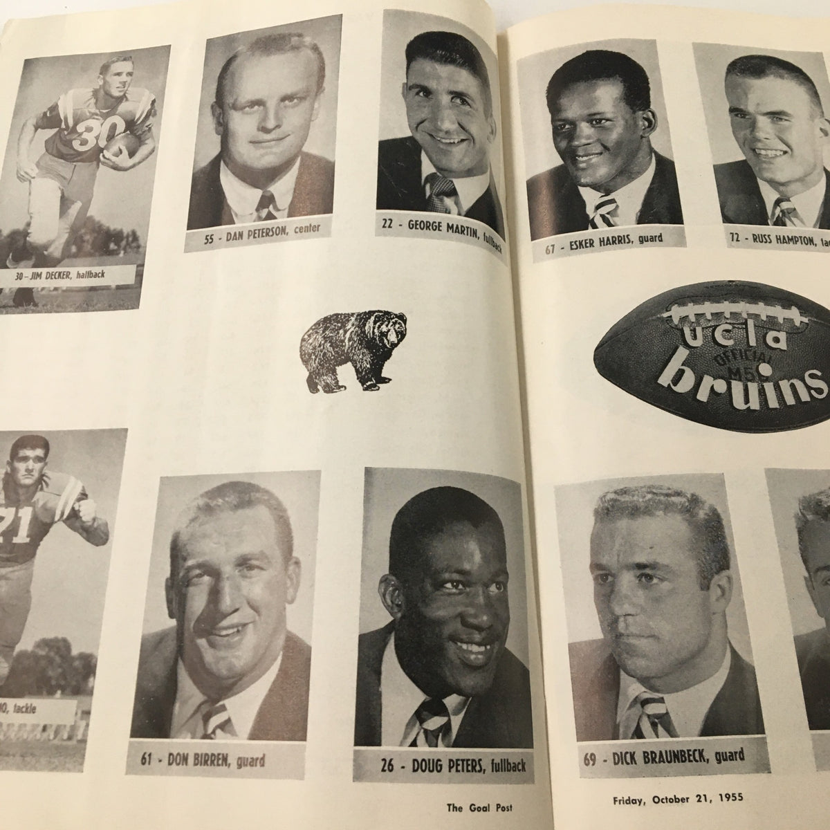 Photographs of UCLA players including Dan Peterson and Don Birren from the September 9, 1955 NCAA Football Iowa vs UCLA official program.