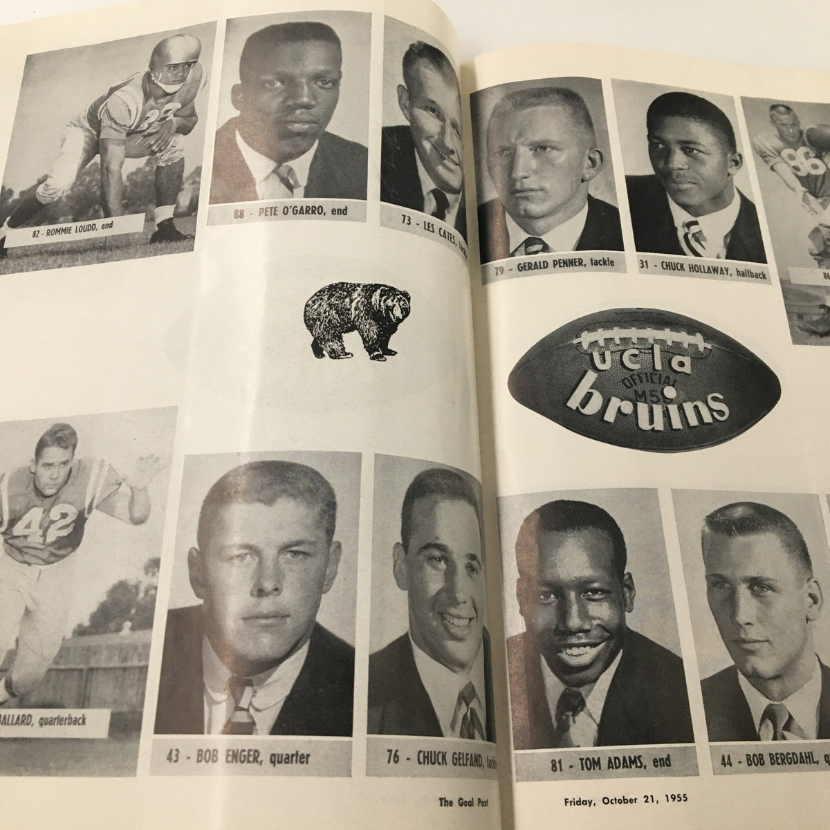 Images of UCLA football players with positions and statistics from the September 9, 1955 NCAA Football Iowa vs UCLA official program.