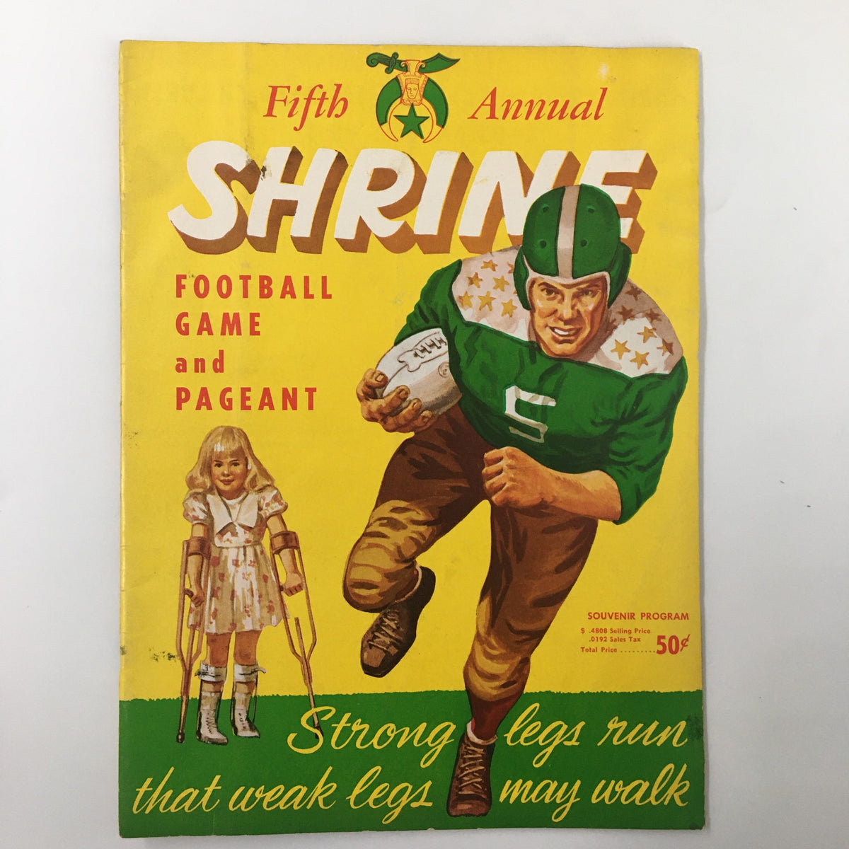 Cover of the 1956 NCAA 5th Annual Shrine Football Game and Pageant Souvenir Program featuring a football player in action and a young girl with crutches, representing the charity aspect of the event.