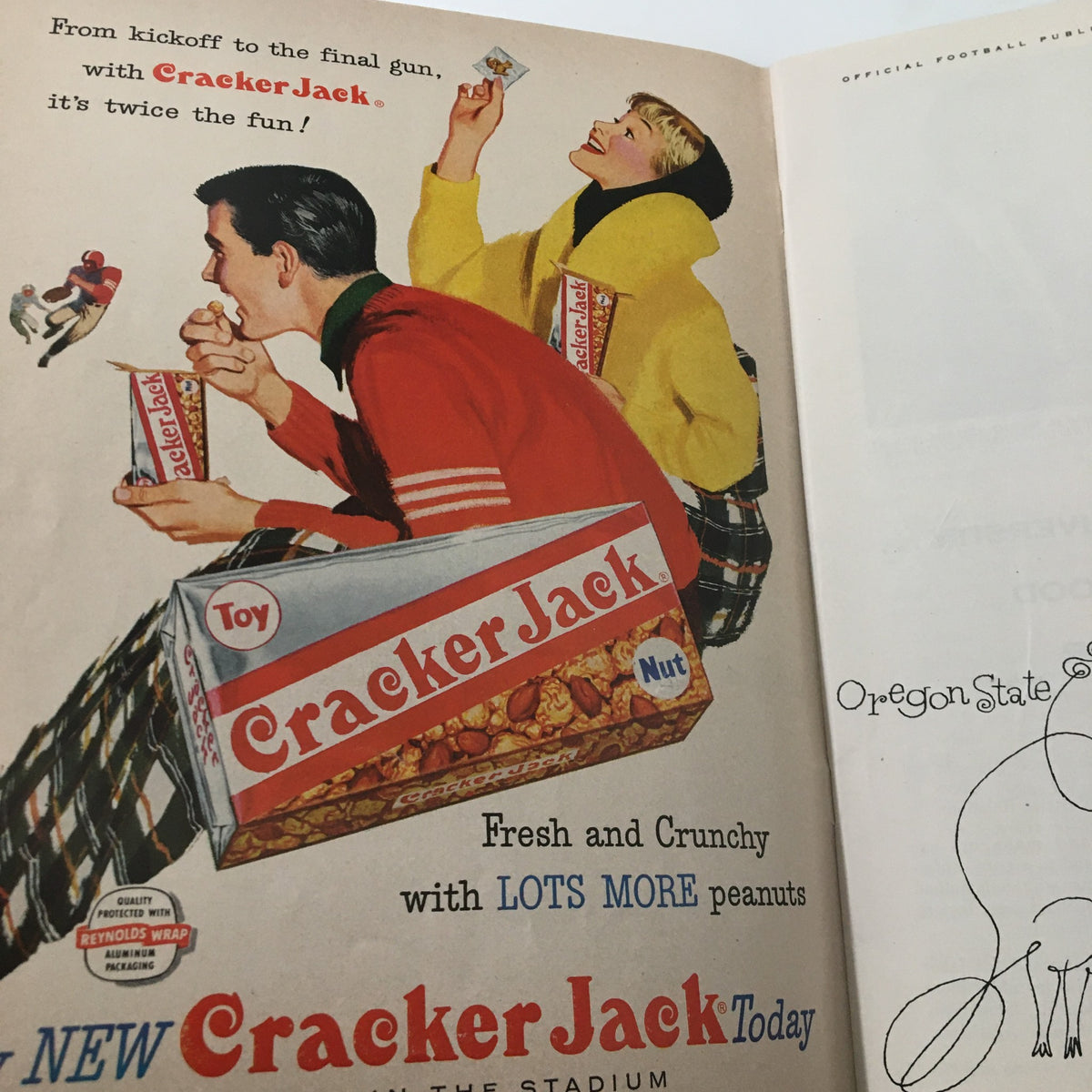 October 19 1957 NCAA Football Oregon State vs UCLA Bruins The Goal Post advertisement featuring Cracker Jack snacks, highlighting the fun of game day.