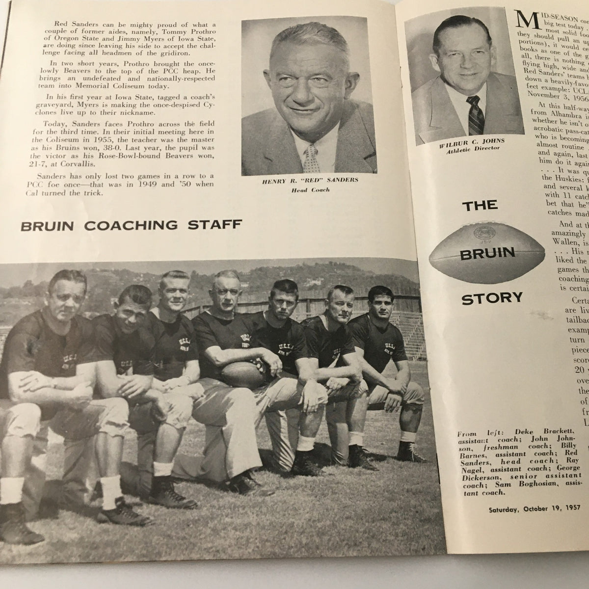 October 19 1957 NCAA Football Oregon State vs UCLA Bruins The Goal Post - Portrait of Red Sanders, Head Coach of the UCLA Bruins, alongside the coaching staff, emphasizing their role in football history.